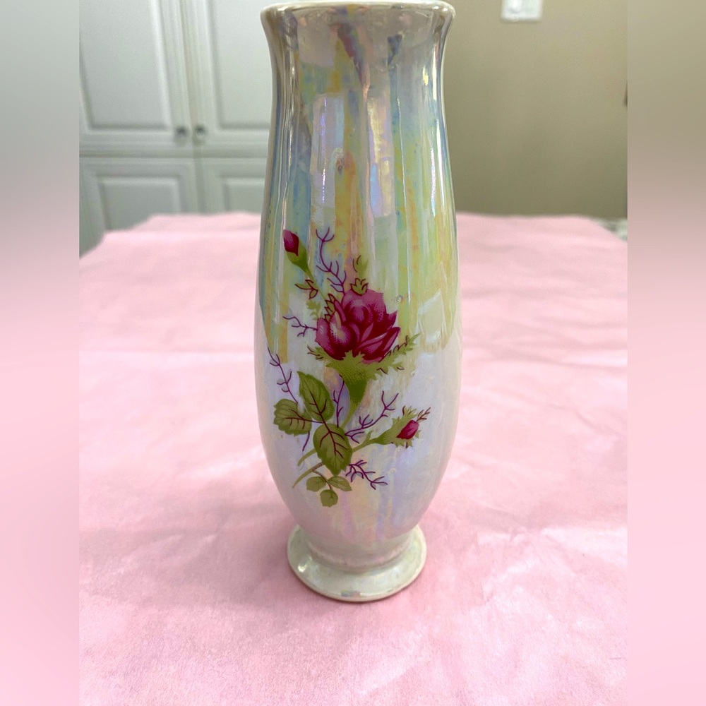 Vintage Pearl Opalescent Bud Vase with Rose on Front
